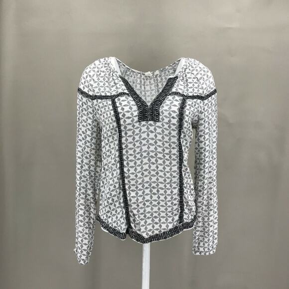 GAP Tops - Gap Women's V Neck Geometric Print Popover Blouse Sz XS White Black Long Sleeve